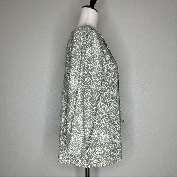 Chico’s Green Boho White Ethnic Print Tasseled 3/4 Sleeves Top - Picture 5 of 13